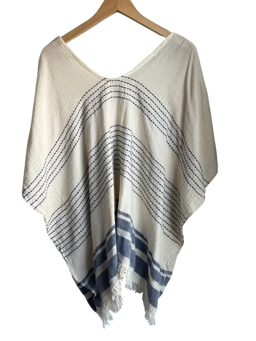 Handloom Nomad Cotton Poncho Beige Striped Fringe Boho Made Turkey Handmade - Picture 2 of 9